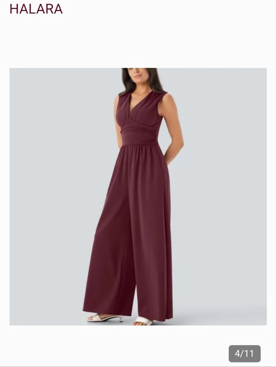HALARA Sleeveless V-Neck Wide-Leg Ruched Pocket Jumpsuit Zinfandel Burgundy Easy - Picture 15 of 16